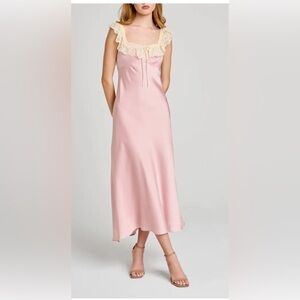 Wayf Pink Maxi SlipDress with Cream Lace Trim
